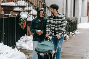 happy couple on a walk in the city