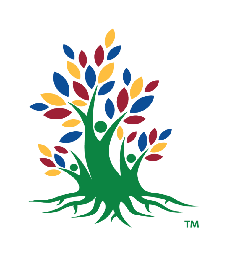 Tree-shaped icon with colorful leaves and three human figures, symbolizing community growth and unity
