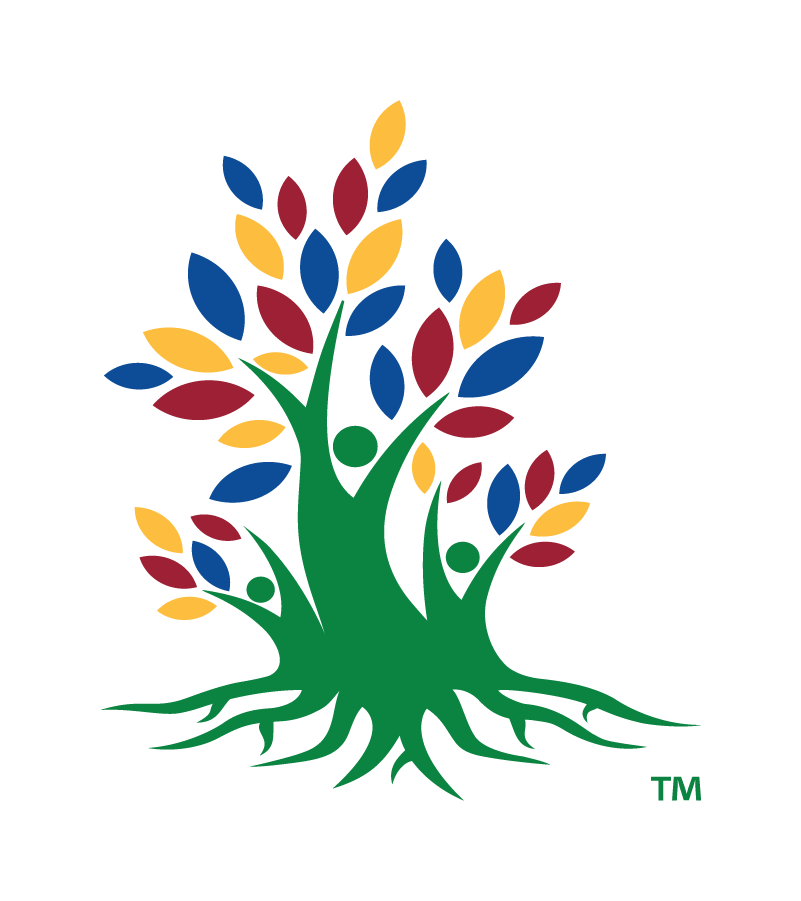 Tree-shaped icon with colorful leaves and three human figures, symbolizing community growth and unity